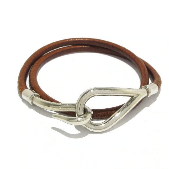 Auth HERMES Jumbo - Brown Silver Leather Bracelet - Picture 1 of 4